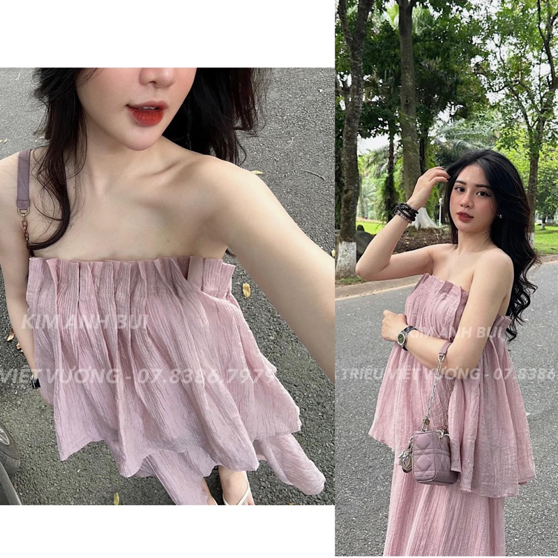 Set áo quây nhăn chân váy maxi kim anh bùi