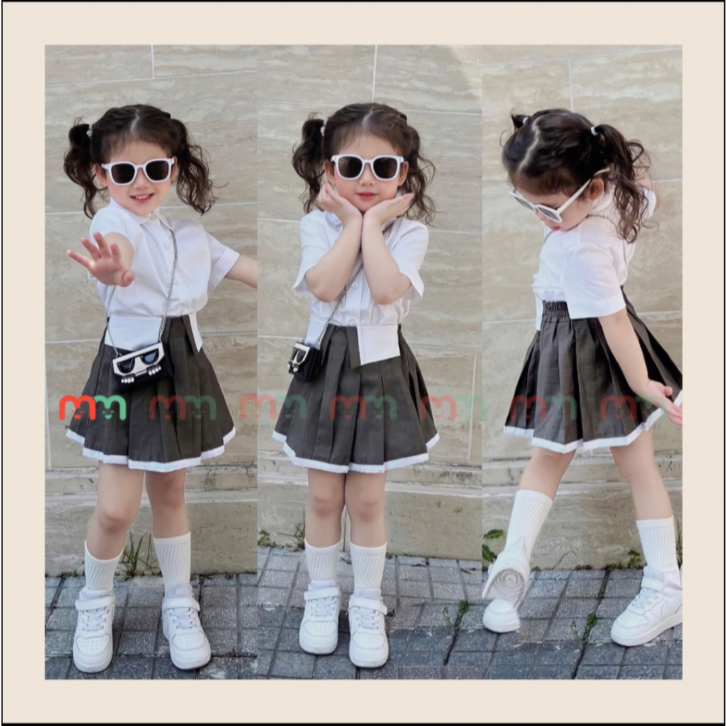 Set váy áo sơ mi phối chân váy xếp ly kèm chip đùi lưng thun phía sau cho bé 25kg đến 43kg