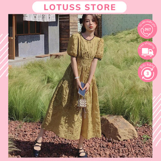 Đầm Midi Voan Lụa Tay Phồng Cổ Tròn Viền Đen  Họa Tiết Hoa Nổi Chiết Eo Hot Trend Phong Cách Vintage Hàng Quảng Châu V20