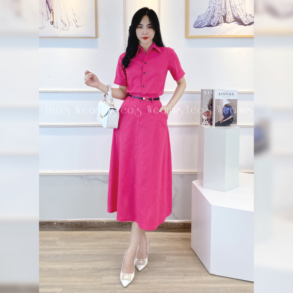 Set váy linen công sở LEOSWEARING áo sơ mi tay ngắn chân váy xòe dáng dài có túi màu hồng cánh sen không kèm đai A284