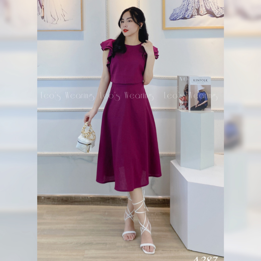 Set váy linen tím LEOSWEARING áo tay bèo mix chân váy xòe A287