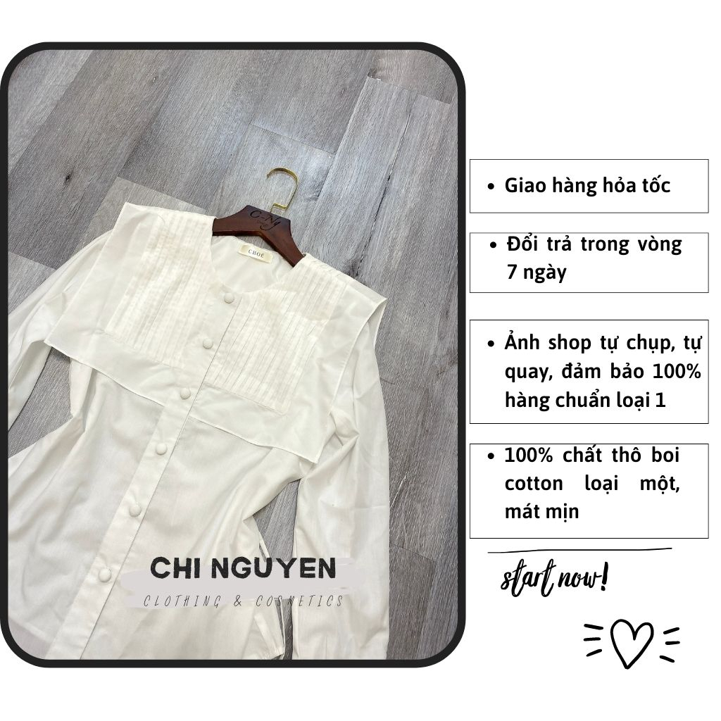Áo sơ mi nữ xếp li lá cổ thủy thủ cúc bọc cài giữa dài tay cổ tròn mã áo hè AO23006
