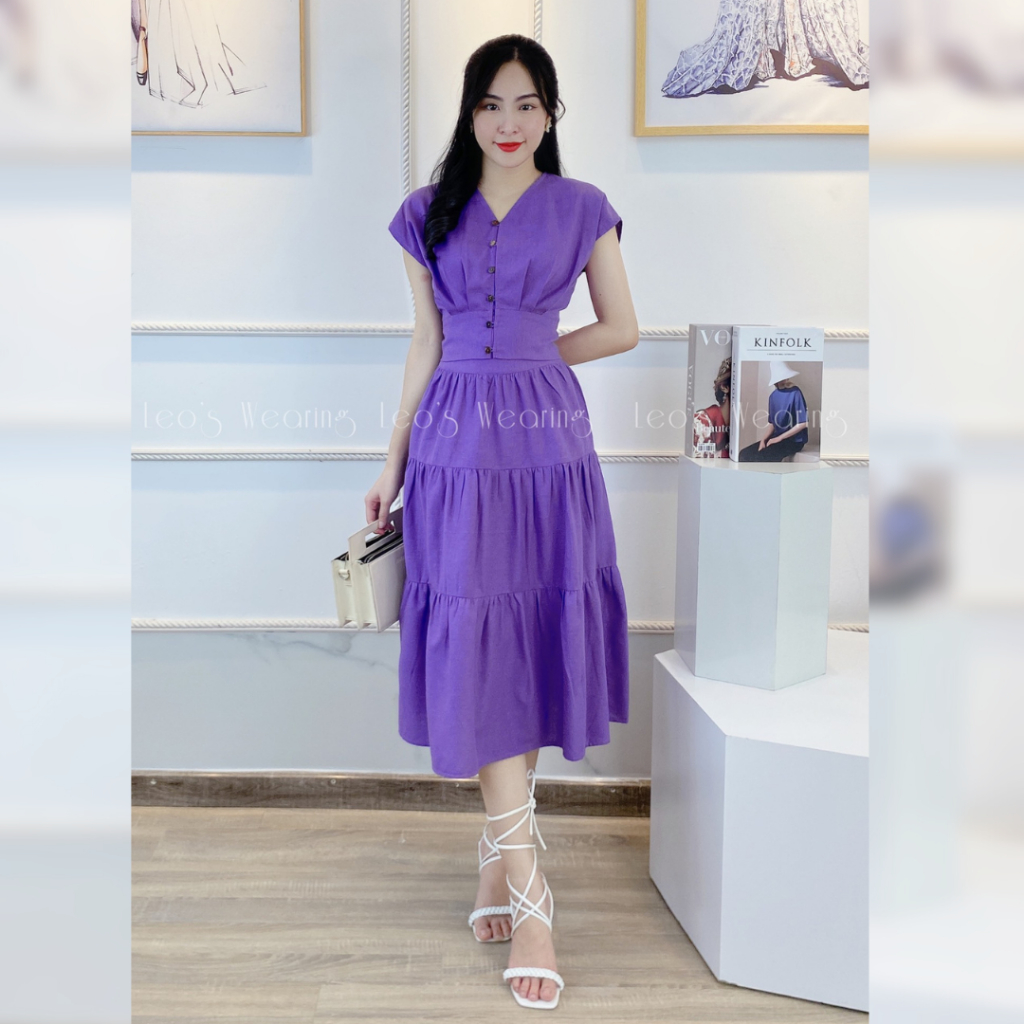 Set váy linen tím LEOSWEARING áo tay cánh dơi mix chân váy xòe 3 tầng A288