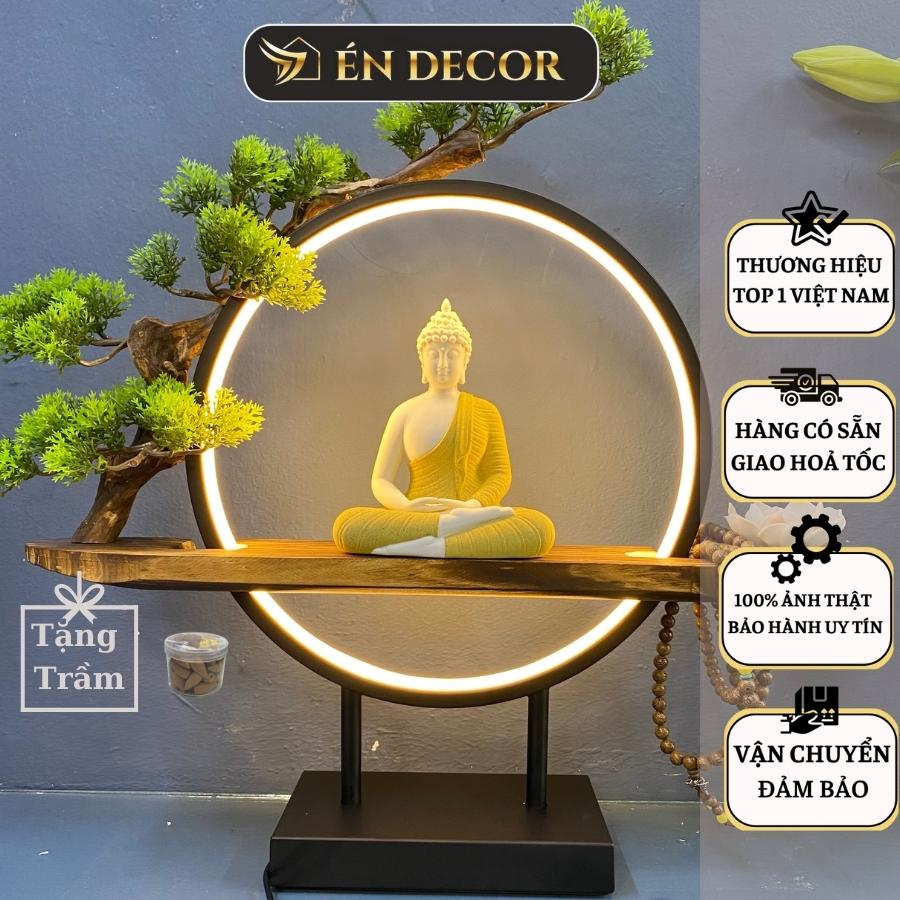 Tượng Phật Thích Ca Ngồi Thiền Màu Vàng ÉN DECOR chất liệu gốm tử sa kèm kệ led trang trí phong thuỷ an nhiên
