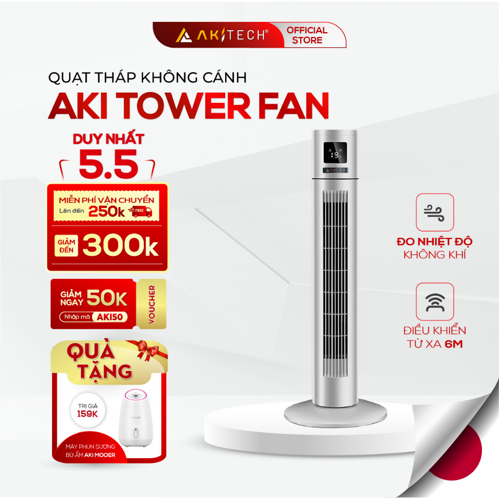 Quạt tháp không cánh AKI TOWER FAN đo nhiệt độ, điều hòa không khí, màn hình LED cảm ứng, công suất 45W