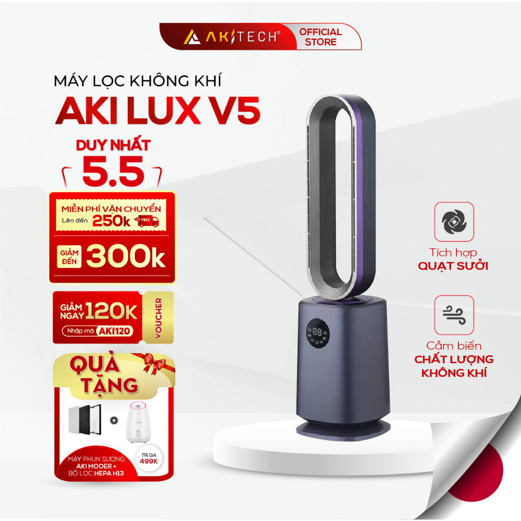 Máy lọc không khí tích hợp quạt sưởi không cánh AKI LUX V5 10 cấp độ gió, tạo ion âm , lõi lọc HEPA khử mùi