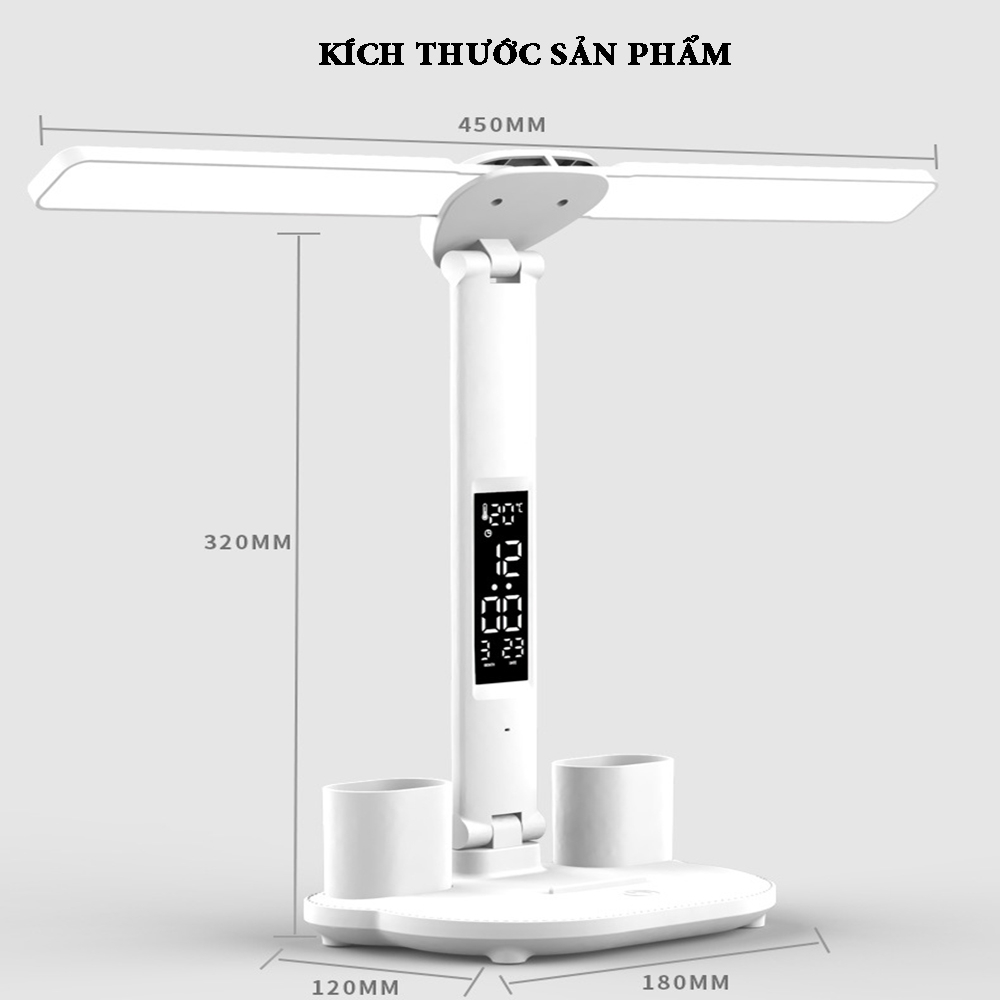 Đèn bàn học bảo vệ mắt ánh sáng 3 màu dung lượng pin 3200mA tích hợp đồng hồ xem giờ hiển thị nhiệt độ ngày tháng