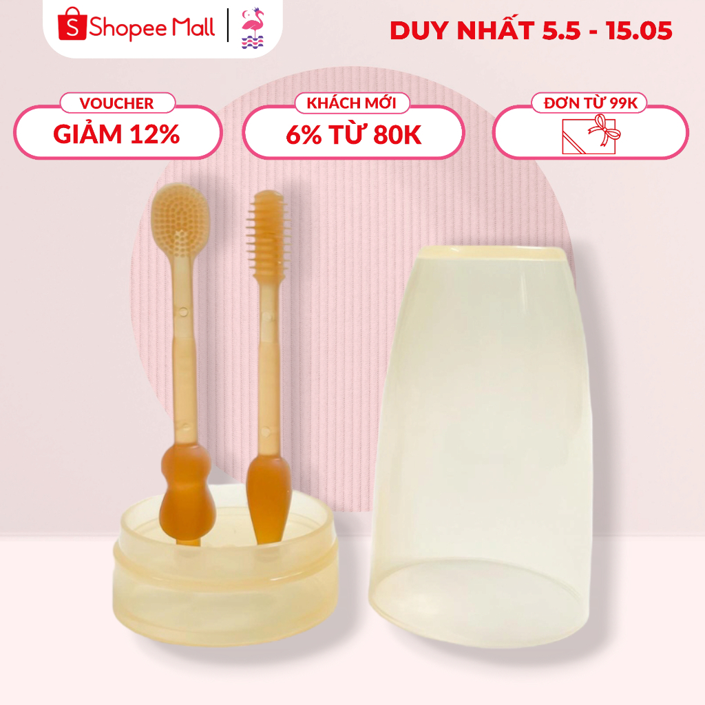 Dụng Cụ Rơ Lưỡi Silicon Và Bàn Chải Siêu Mềm Ấm Baby Cho Bé từ 1 - 18 Tháng Có Nắp Đậy Vệ Sinh Ấm Gift Decor