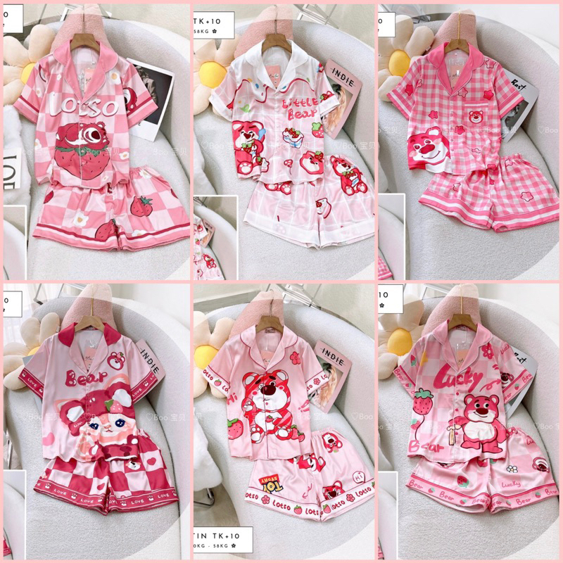 Đồ bộ nữ pijama QUẦN NGẮN lụa latin hoạ tiết GẤU DÂU nhiều mẫu siêu xinh Boo Boo