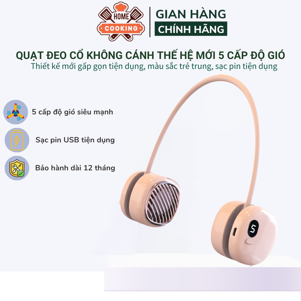 Quạt đeo cổ mini không cánh 2023, chế độ xoay 360 độ gấp gọn sạc pin usb tiện dụng, 5 cấp độ gió, bảo hành 12 tháng