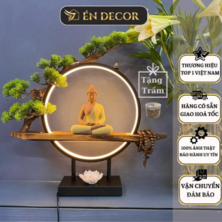 Tượng Phật Thích Ca Ngồi Thiền Màu Nâu size 48cm ÉN DECOR gốm tử sa kèm kệ led trang trí phong thuỷ an nhiên
