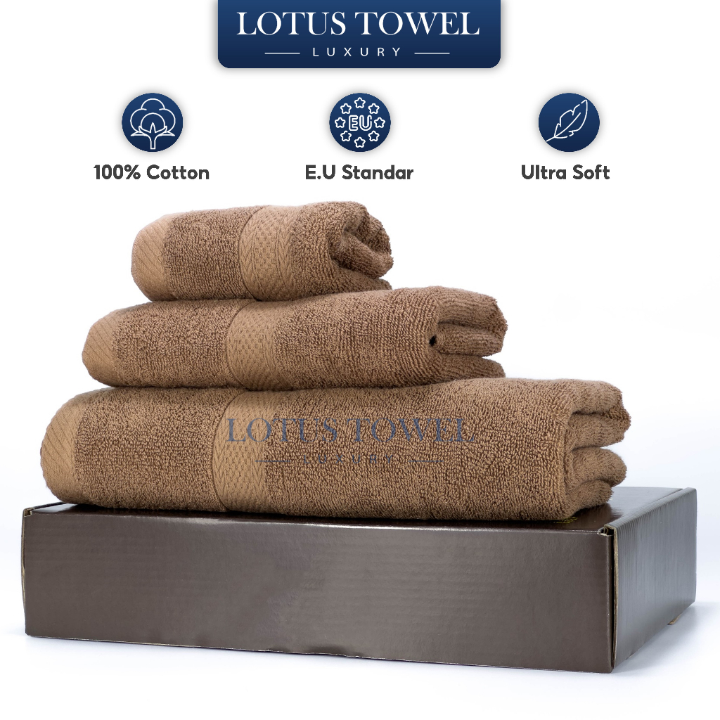 (Kèm Hộp) Bộ 3 Khăn Tắm, Gội, Lau mặt LOTUS TOWEL 100% Cotton, Mềm Mịm, Thấm Hút, Không Ra Màu