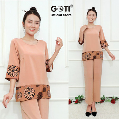 SALE LẺ SIZE - GOTI Đồ Bộ Trung Niên Nữ Sang Trọng Cổ Tròn Viền In Hoa Chất Lụa Cao Cấp Tay Có Túi Cho Mẹ 3372 3371
