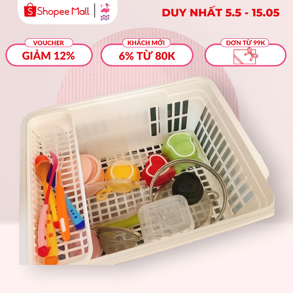 Rổ Úp Chén Bát Có Nắp Ấm Baby Có Khay Thoát Nước Để Chén Bát Ăn Dặm Cho Bé Ấm Gift Decor