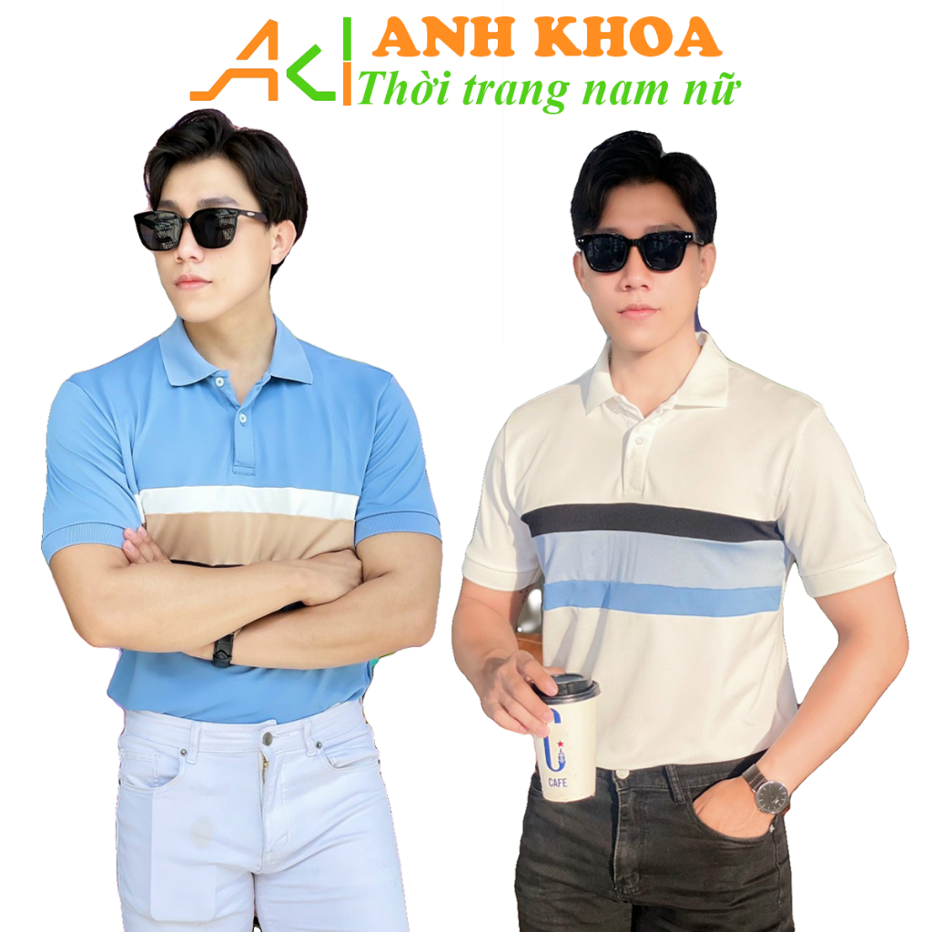 Áo polo nam tay ngắn KẺ 3 SỌC NGANG PHỐI MÀU vải thun cá sấu chuẩn form sang trọng lịch lãm 2 màu - ANHKHOA