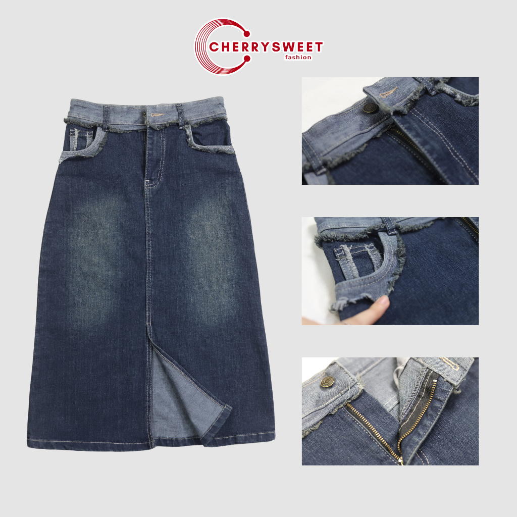 Chân váy jean dài nữ xẻ tà CHERRYSWEET cạp cao tua rua dáng rộng chữ a kiểu Retro phong cách Hàn Quốc dễ phối đồ T066