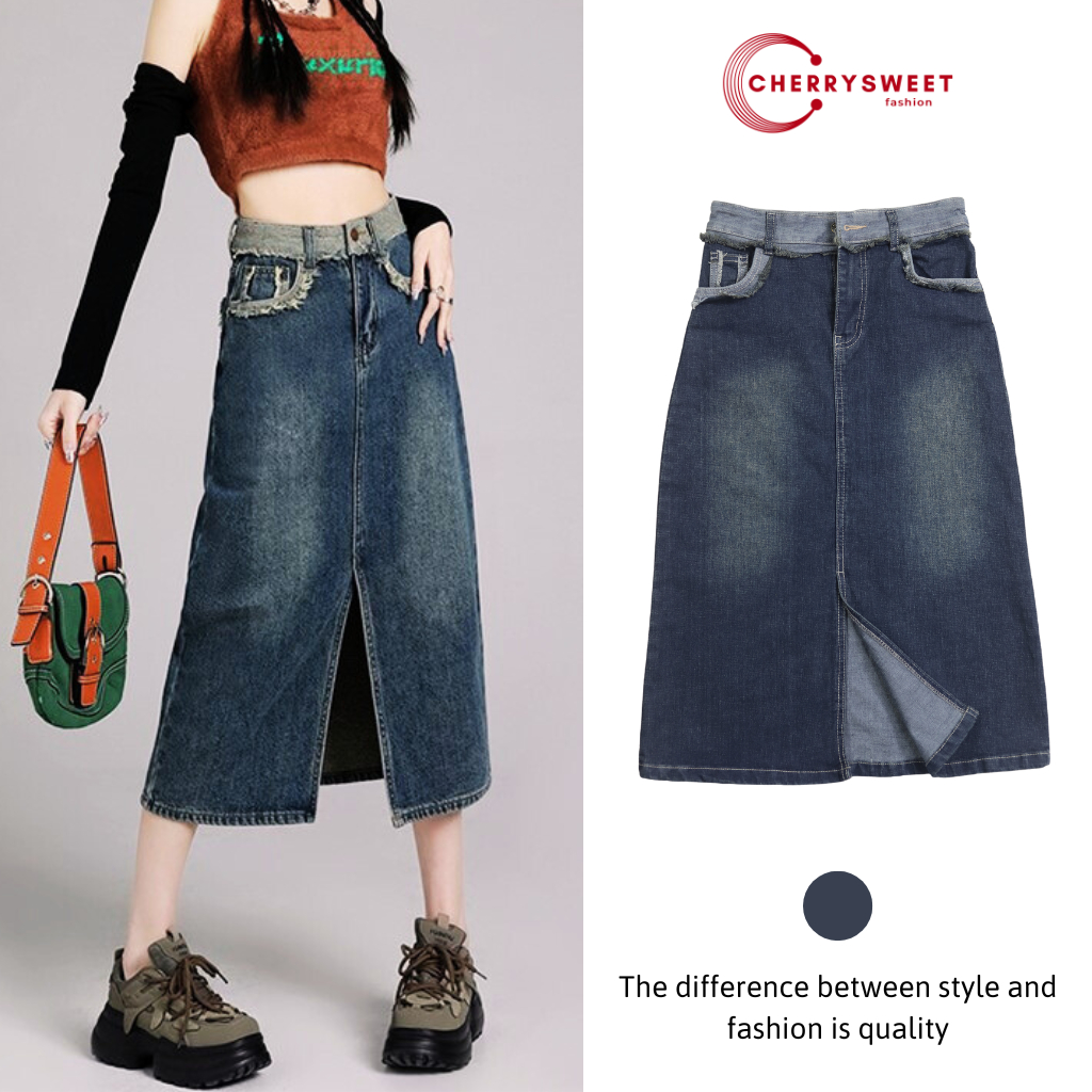Chân váy jean dài nữ xẻ tà CHERRYSWEET cạp cao tua rua dáng rộng chữ a kiểu Retro phong cách Hàn Quốc dễ phối đồ T066