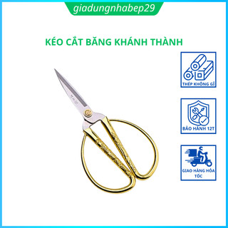 Kéo cắt vải băng khánh thành cán vàng in hình rồng phượng