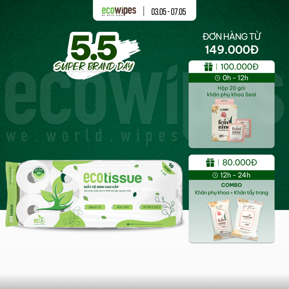 Giấy vệ sinh giấy cuộn cao cấp Ecotissue 3 lớp lốc 10 cuộn có lõi/không lõi cao cấp mềm dai tự nhiên