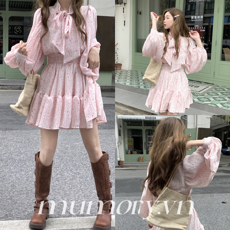 Váy đầm dáng xoè ngắn tay dài vải voan hoa nhí hồng pastel bèo nhún nơ cổ tiểu thư dễ thương công chúa trẻ trung korean