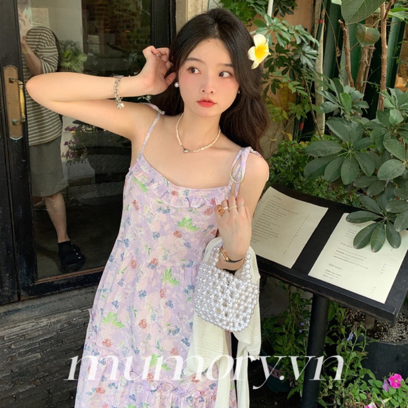 Váy đầm maxi dáng dài hai dây màu tím pastel cổ bèo hoạ tiết hoa nhí dây buộc sau lưng tiểu thư mùa hè đi biển mát mẻ