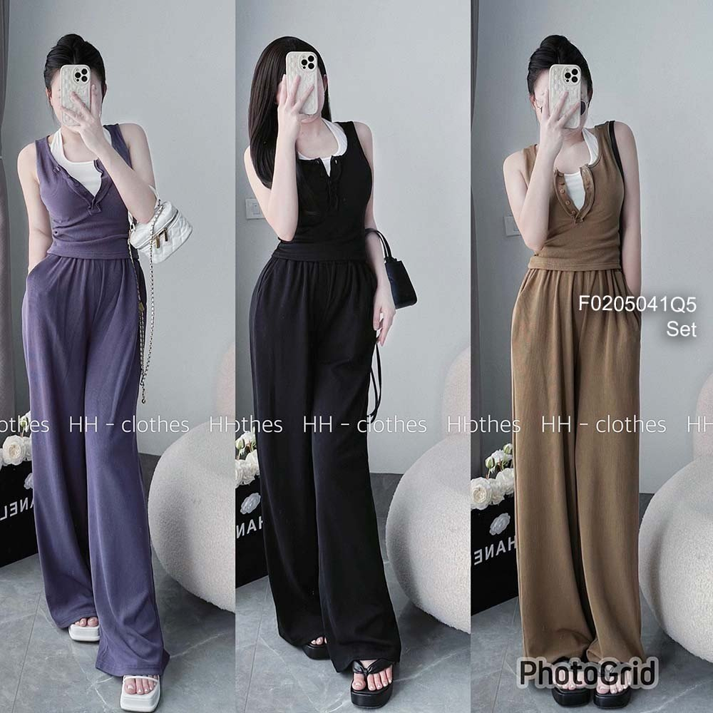 Set bộ thun tăm áo sát nách lót yếm trong kèm quần suông dài!