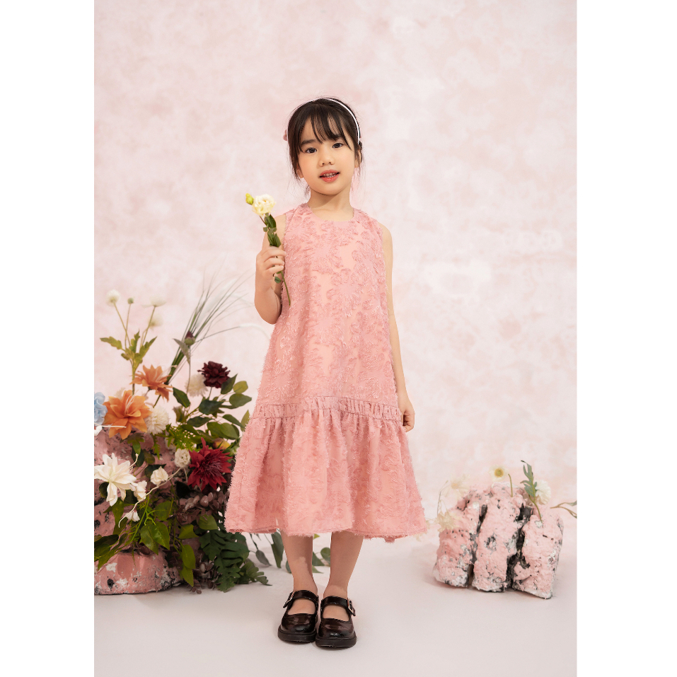 Đầm dự tiệc khoét nách LEAH nấm dệt hoa xù 3D tiểu thư xinh xắn - Monica dress - Hồng tro