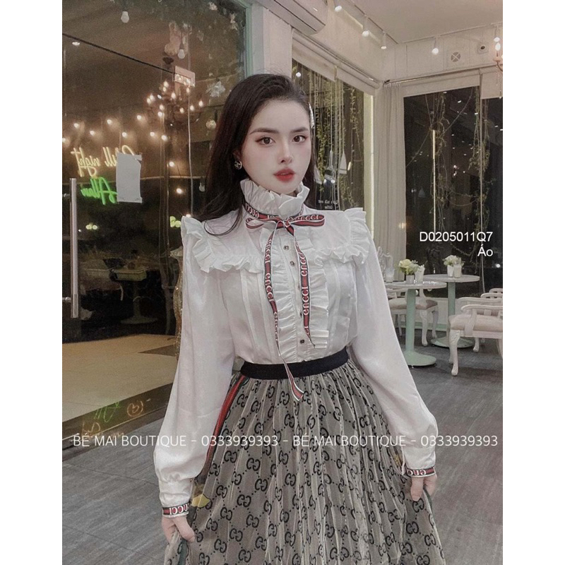 Áo sơ mi trắng tay dài cổ cao cột nơ chữ sang trọng VIENS STORE