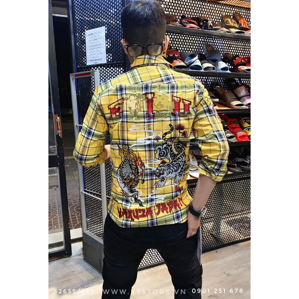 Áo sơ mi nam tay dài sọc caro vàng đen full thêu chi tiết như hình S2655 K3 STORE