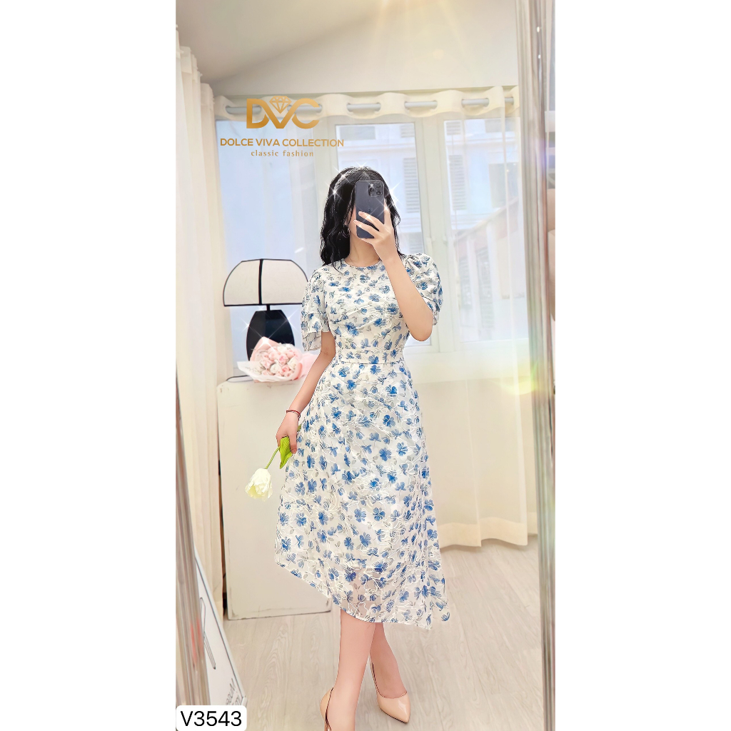Váy Hoa Xanh Chiết Ly Eo Tay Bèo Tầng Thiết Kế Cao Cấp 3543 - Váy Thiết Kế - DVC DOLCE VIVA COLLECTION