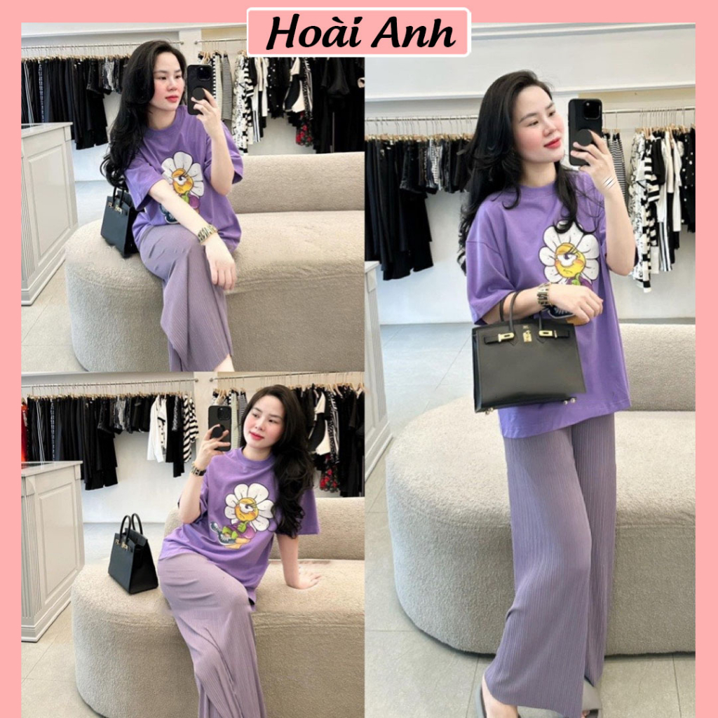 Set Bộ Đồ Nữ Áo Phông Tím In Bông Hoa Ngắn Tay Mix Quần Tăm Suông Rộng Freesize