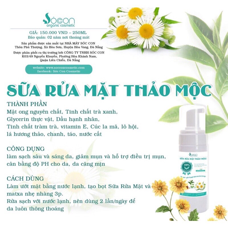 Sữa Rửa Mặt Thảo Mộc chiết xuất từ thiên nhiên, ngăn ngừa và sát khuẩn da mụn, mờ vết thâm, dưỡng ẩm cho da 250ml