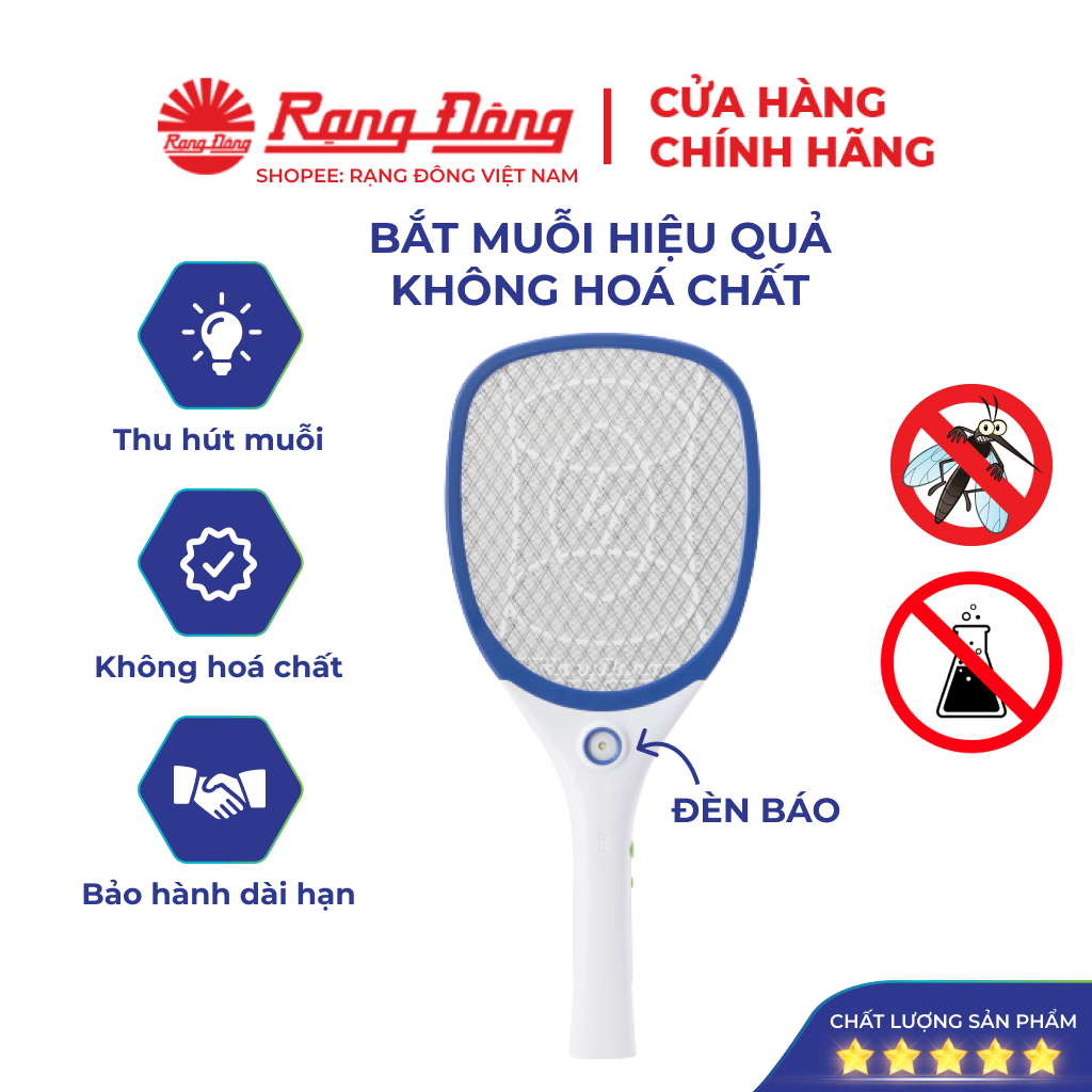 Vợt muỗi Rạng Đông, bắt côn trùng,có đèn chiếu sáng Led tích hợp và đèn báo sạc pin tiện lợi, Model VBM RD.03