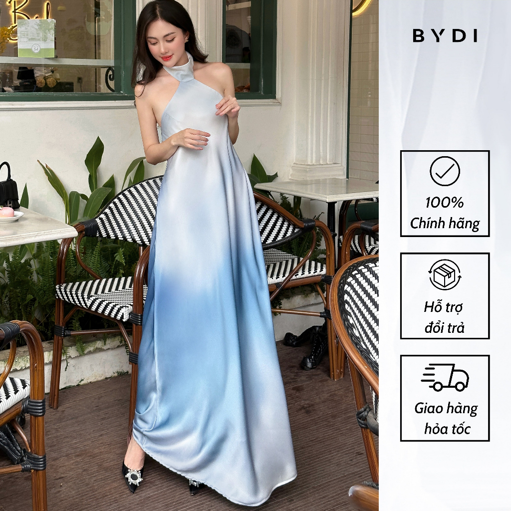 Váy Nữ Lụa Cổ Yếm BYDI Fashion, Đầm Nữ In Loang Xanh Phom Maxi Suông Dài Sang Trọng | CIEL DRESS