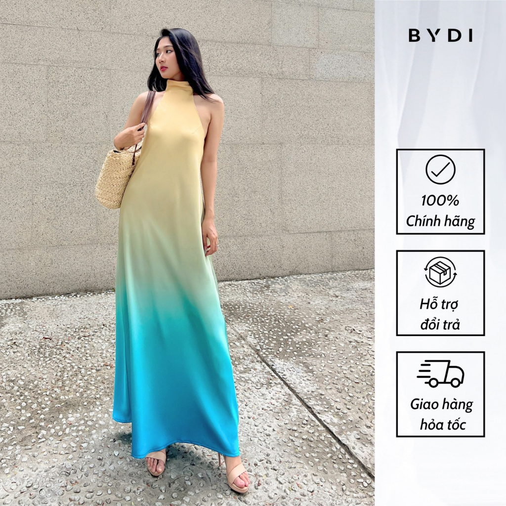 Váy Nữ Lụa Cổ Yếm BYDI Design, Đầm Nữ In Màu Loang Phom Maxi Suông Dài Độc Đáo | RAYON DRESS