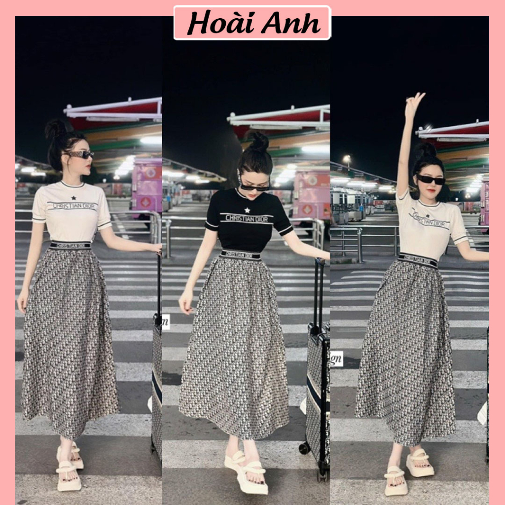 Set Bộ Đồ Nữ Áo Phông Dior Phối Viền Mix Chân Váy Đũi Lụa Dáng Dài Cạp Bo Dệt Freesize