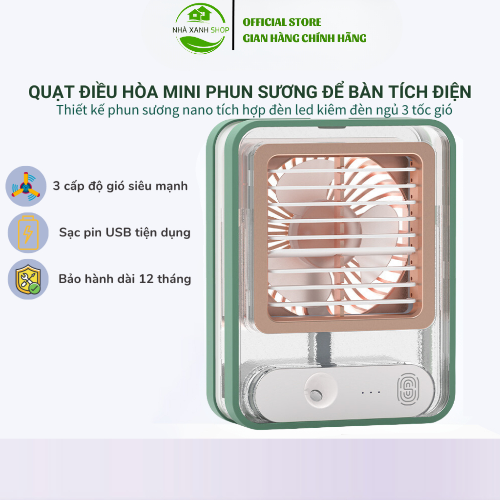 Quạt điều hoà mini để bàn, quạt phun sương sạc tích điện trong suốt 3 cấp độ gió dung tích bình 300ml, bảo hành 12 tháng