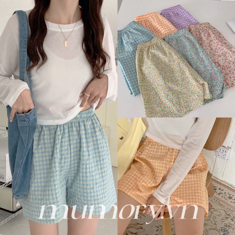 Quần short đùi nữ hoạ tiết hoa kẻ caro lưng thun co giãn ống rộng mặc nhà quần xà lỏn đồ ngủ mùa hè mát mẻ dễ thương