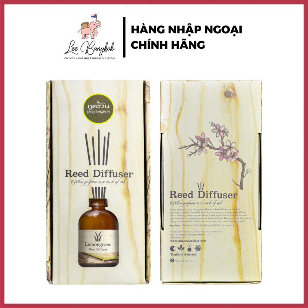 Tinh Dầu Thơm Phòng Phutawan Que Gỗ Aroma Reed Diffuser Hộp Vân Gỗ Thái Lan Chính Hãng 50ml