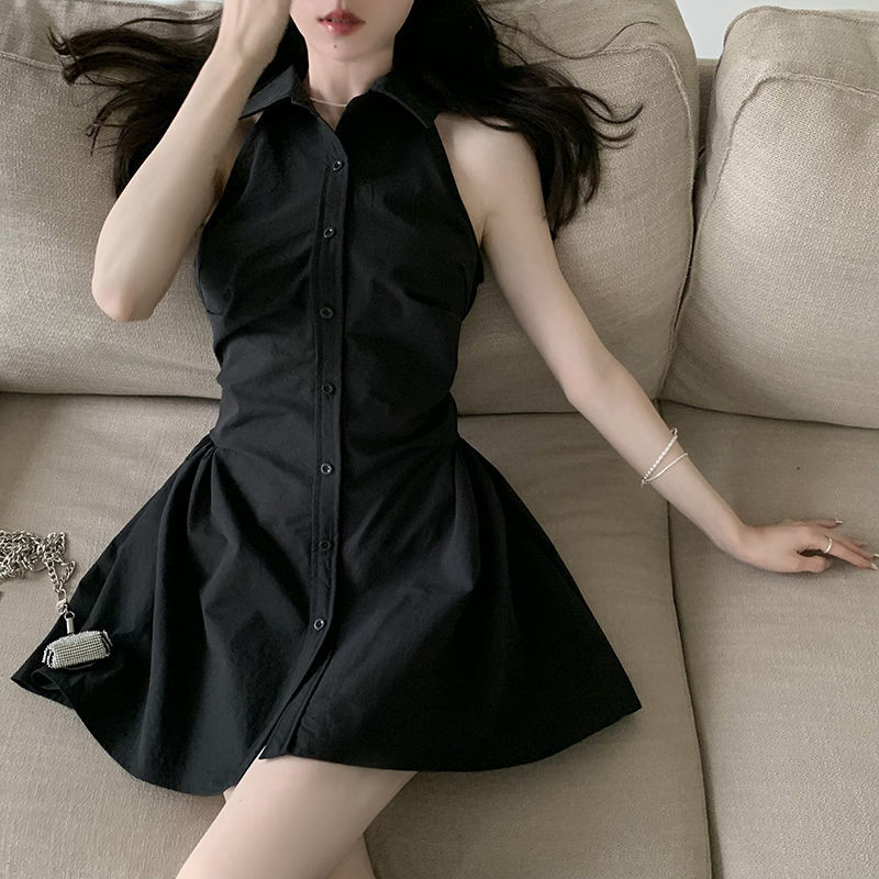 Váy khoét vai dáng A ngắn cổ bẻ sơ mi ôm body, đầm xoè dáng A hở vai phong cách hàn quốc AS299
