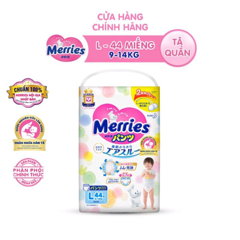 Tã/bỉm quần Merries size L quần - 44 miếng (Cho bé dưới 9 - 14kg)