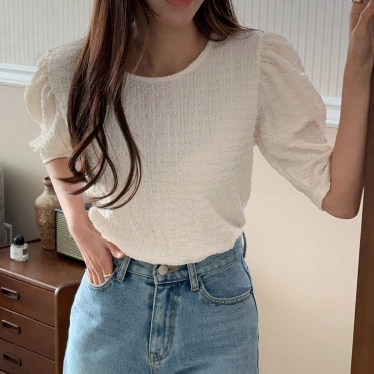 Áo kiểu nhún vai tay bồng xinh xắn cho nữ phong cách Hàn Quốc (Made in Korea)
