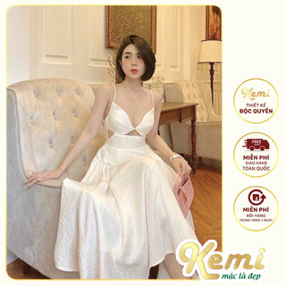 Váy 2 dây lụa cao cấp dáng dài khoét eo Kemi đầm xòe mặc dự tiệc du lịch đi biển