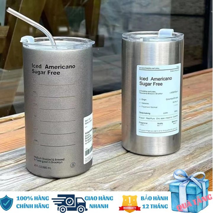 [HÀNG CHUẨN] Cốc Giữ Nhiệt 600ml Hàng IN Có Ống Hút iNox(ICED AMERICANO SUGAR FREE)
