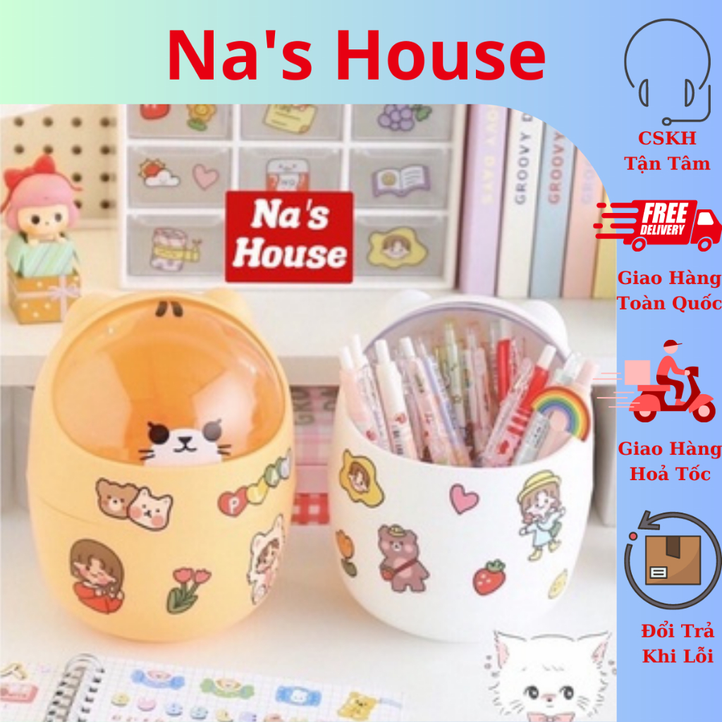 Thùng Rác Mini, Hộp Đựng Bút Để Bàn Hình Gấu Có Nắp Tiện Dụng Cho Cả Mẹ vs Bé… Tặng Kèm Sticker!