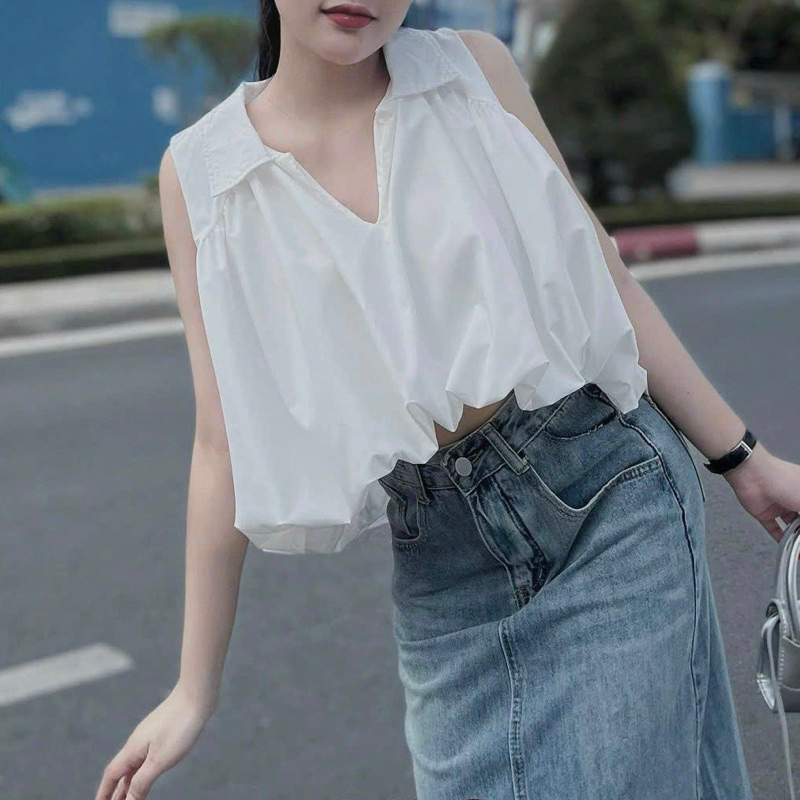 Áo bom sát nách cổ bẻ,áo voan sát nách bồng bềnh- ÁO BÁNH BÈO ĐUÔI TÔM CÓ SẴN- THÔ LỤA HÀN MỀM MỊN MÁT- 2 MÀU ĐEN TRẮNG