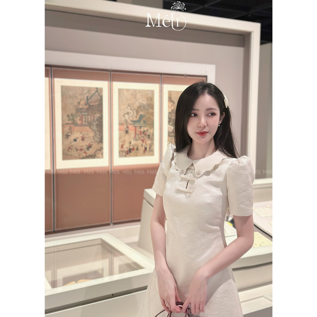 Váy xuông kem vai bồng nơ ngực-Thiết kế cao cấp Méli