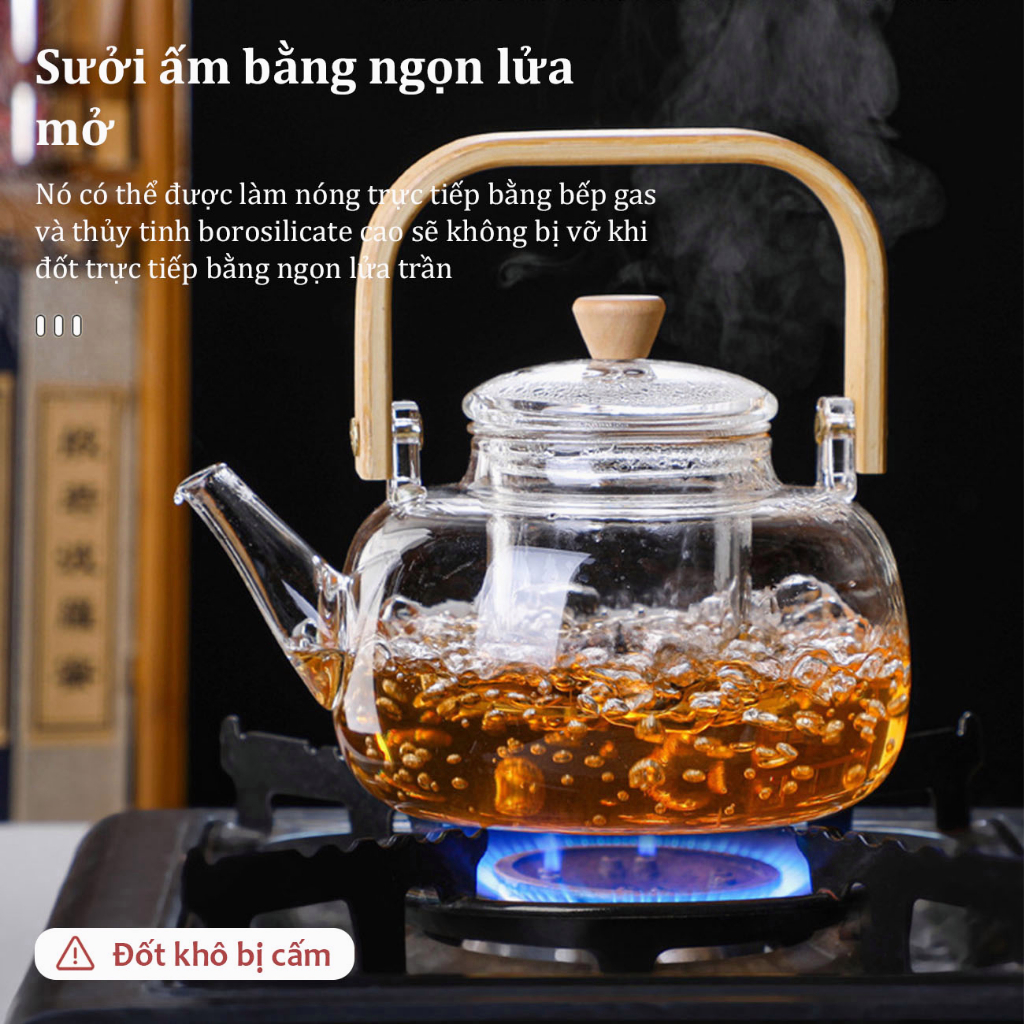 Bình pha trà thuỷ tinh chịu nhiệt 900ml có lõi lọc thủy tinh Ấm trà thuỷ tinh có tay cầm tre Có thể được làm nóng | BigBuy360 - bigbuy360.vn