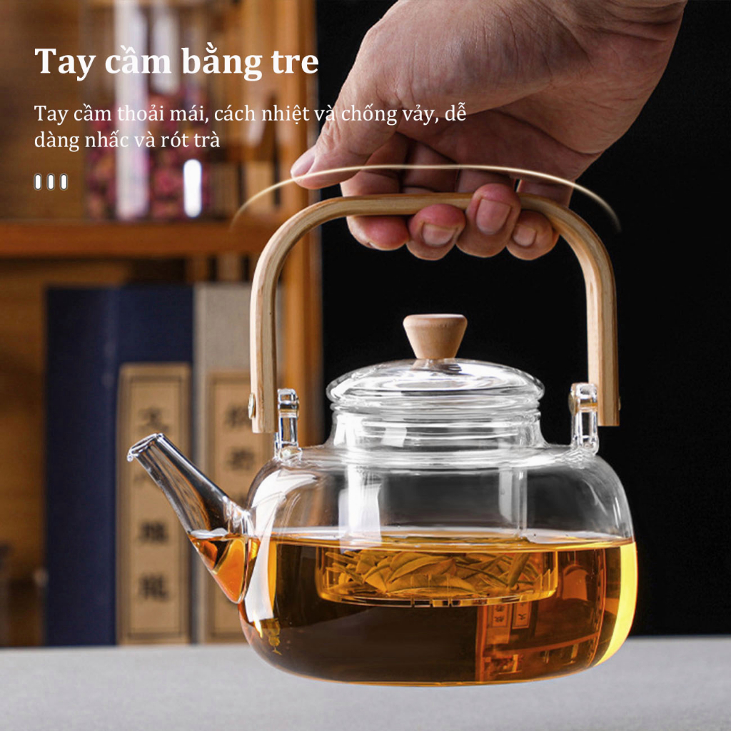 Bình pha trà thuỷ tinh chịu nhiệt 900ml có lõi lọc thủy tinh Ấm trà thuỷ tinh có tay cầm tre Có thể được làm nóng | BigBuy360 - bigbuy360.vn