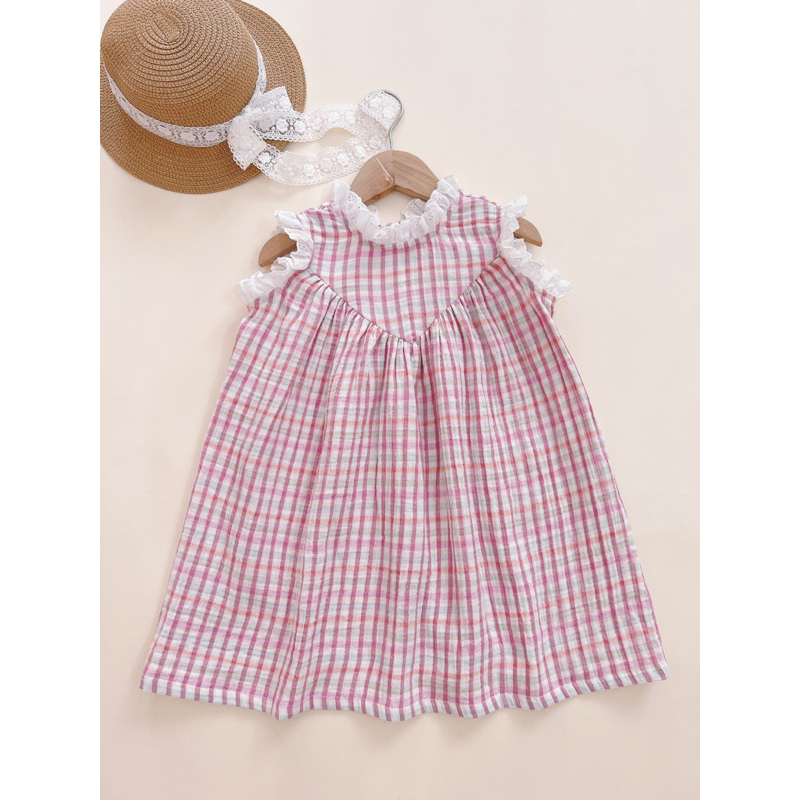 Đầm babydoll caro phối ren Tây babycloset cho bé gái